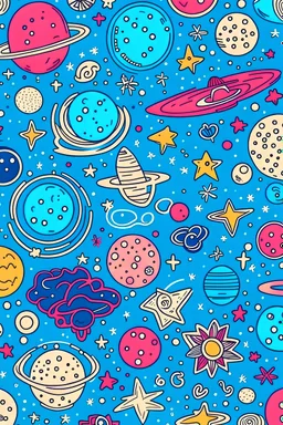 cute symmetrical outer space minimal pattern including planets and stars coloured in, sketch style, only use outline, clean line art, well outlined