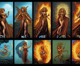 Four doll divine representing each one the four elements: fire, earth, air, and water. Mark Brooks and Dan Mumford comic book art. Four images.