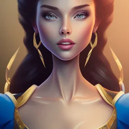 Disney Portrait of a Golden Princess, dark hair, sharp dark eyes, bright blue lighting, sarcastic smile, sharp focus hair.