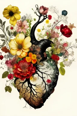 Flowers growing through human heart contemporary art, not so perfect