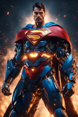 Superman in a robot transformer, super suit with spikes on his arms and shoulders, explode, hdr, (intricate details, hyperdetailed:1.16), piercing look, cinematic, intense, cinematic composition, cinematic lighting, color grading, focused, (dark background:1.1) by. Addie digi