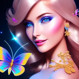 Full body Princess, woman blondie, make up,smile, beautiful place,amazing, flowers, colors, blue and pink butterfly, , realistic, photo real, stars night, detailed, high contrast, 8k high definition, unreal engine 5, extremely sharp detail, light effect, light background