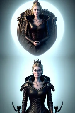 Cersei Lannister as evil queen in black leather coat, busty, cleavage, voluptuous, lena headay, angry, stern look. character design by cory loftis, fenghua zhong, ryohei hase, ismail inceoglu and ruan jia. unreal engine 5, artistic lighting, highly detailed, photorealistic, fantasy