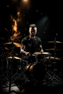 4K realistic, Connor Mc gregor playing drums in a metal band, black background, bright flames all around