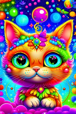 Lisa frank inspired cute kitten with planet-like big eyeballs that are taking up more than half its face and lots of glitter and sparkles and super duper happy with rainbows and sparkles fat and fluffy body small body big head galaxies