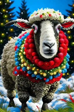festive Whimiscial sheep in snow, with lights dressed for Christmas in holiday sweater