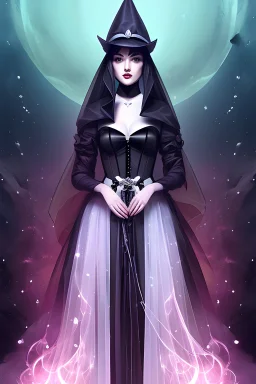 Ultraquality digital_illustration of a witch bride wearing a black wedding dress!!!, deep watercolor!, stippling!, speed_paint!, thick_brush_strokes!, anime, cosmic, astral, inspired by ismail inceoglu, Dan_witz, moebius , android_jones, artgerm , studio mappa, photorealistic, Hyperrealistic, cgsociety zbrush_central fantasy album cover art 4k hdr 64 megapixels 8k back lit complex elaborate fantastical hyperdetailed