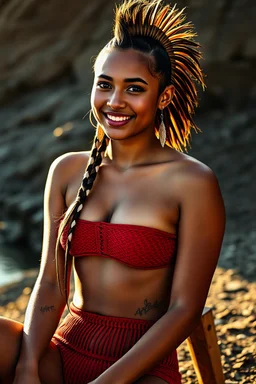 Chiaroscuro lighting, rich, deep colors, create a photorealistic portrait of 18-year-old adult woman, Sebrina Cashwell, with a Native American Indian styled Mohawk hairstyle, and an hourglass figure, wearing a modest red knit string bikini with high-waisted bottoms and a bandeau top, sitting by the Earth in the late afternoon, smiling, natural sunlight casting warm, golden light across her face revealing the texture of her skin, sharp focus on her eyes showing depth, reflection, moisture,