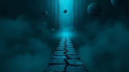 passage over nothingness, surreal, dark and cold abstract artwork dominated by deep blue, icy cyan, charcoal black and muted steel-grey tones. An narrow passageway emerges from an abstract distorted weird landscape, surrounded by thick fog and drifting mist. The space feels nightmare, alien and unsettling, with tiny floating circles and lines geometric forms, black onix column fragmented and unnatural perspectives. At the center of the composition cracked stone way over abyss