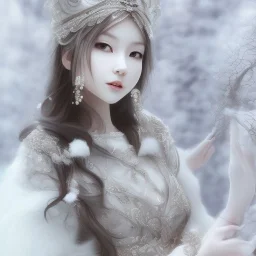 smooth hyper realistic, beautiful smiled Japanese goddess in crown, pale colors, dark cosmos background, cat еye, extremely sharp detail, finely tuned detail, ultra high definition, 8 k, unreal engine 5, ultra sharp focus, accurate sword wings, positive smile, lot of details, fit within portrait, Ambiance winter, perfect composition, perfect hair, perfect hands, finger up gestures