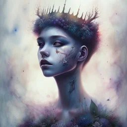 young queen of darkness, perfect crown, flannel jacket, watercolor illustration by <agnes cecile>, plants, wildflower, intricate detail,