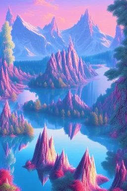 mountain with strawberry ice-cream on top, lake, trees, mystical, Post-painterly abstraction