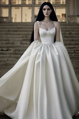 A very long wedding dress similar to Romanian dresses with long black hair Photorealistic