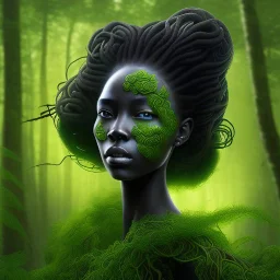 Painting .the face of A young black woman. A wood nymph emerging from the forest. Her hair looks like vines. Dreadlocs. Her skin is the colour of dark soil. Her skin looks like tree bark. Her clothing is made of vines, grass and leaves.