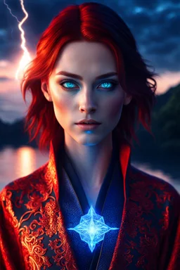 detailed blue eyes, female half elf, red sleek short lob hairstyle, detailed glowing ornamental magical pattern robe, glowing gem crackling with lightning implanted on robe, 8k, high detail, lake background, midnight, facing viewer, front facing