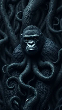 A gorilla in the background of black vein, human veins, mixing together a lot of them, like a forest, big and small veins a lot of them, a black creature looks like an octopus with many arms