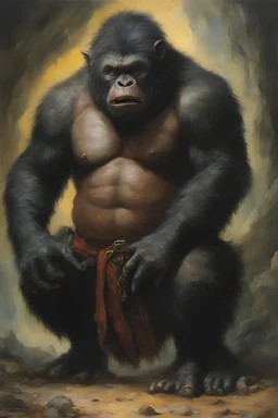 Bilbo Baggins, an extremely ugly abomination of the Ratman bat werewolf gorilla monster barbarian sad sack - oil painting by Boris Vallejo