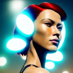 A beautiful portrait of a cyberpunk woman with lot's of grain on her skin red head with natural hair floating in the wind cyborg smiling facing camera orange color scheme, high key lighting, volumetric light high details with white stripes and feathers unreal 5, octane render, cinema4d, dynamic lighting, dramatic lighting, 4k, redshift render, highly detailed, hyper realistic