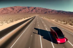 A Tesla 'Semi' (semi truck) is going at a high speed, in the Mojave Desert. (CINEMATIC, WIDE ANGLE LENS, PHOTO REAL)