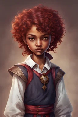 young mulatto sorceress, eleven years old, brown eyes, short wavy blood-red hair