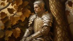 Detailed oil painting of a person wrapped in the protective armor of a sycamore tree, inspired by the works of Thomas Moran and Claude Monet, soft lighting, intricate details of bark and leaves, dreamlike atmosphere.