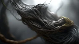 Multiple entanglements between a twisted thin piece of cloth as part of many twisted and spiraling branches disappearing into the distant mist, epic photo, sharp on highly detailed skin with wrinkles and high contrast, photorealistic, 4K, 3D, realism, hyperrealism, detail, good lighting, detailed texture, modern photography style, 3D, 4D, 4K --2:3