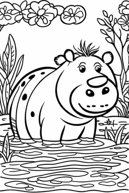 DRAW TO COLORING OF A HIPPO ON A LAKE, BLACK AND WHITE CARTOON STYLE, LOW DETAILS, THICK LINES, NO SHADING LINES