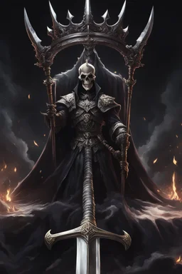 a demonic looking man with a sword in his hand, undead skeleton king, skeleton king, overlord season 4, ainz ooal gown, prince crown of black gears, the king of death, king of time reaper, overlord, lich vecna (d&d), dark and forboding, from overlord, scary knight, large black smile Overlord