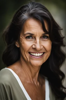 Portrait of a 60 year old Olive skinned woman, dark hair with hints of grey tied back, happy expression