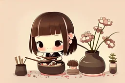 contented cute chibi girl making ikebana