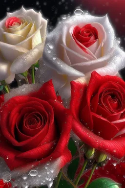 a very magnificent bouquet of unusual, complex, amazingly beautiful magical red and white roses, dew drops, mist, magically, in pastel, transparent tones, hyper realistic, beautiful lumen, glitter professional photo, 3d, realistic, 64k, high resolution, high detail, cgi, hyperrealism, f/16, 1/300s. highly detailed digital painting, bright and juicy photorealistic painting, landscape, solar illumination in the background, 4k