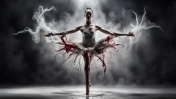a bizarre surreal image where a dancer's legs there are bloody wounds on both foot, her dress completely drenched in sweat, she standing on tiptoe in a perfect dance pose, around her a fade gray vortex, capturing grasping the difficulty of dance, self-sacrifice, striving for perfection the impressive pose achieved through hard work, the beauty of dance, vertical light on the dancer, blur background is a cracked wall with half darkness and half shiny light, on wall fade the outlines of old and