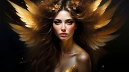 ethereal faerie, delicate large golden wings, mesmerizing dark brown eyes, flowing golden hair, impasto technique