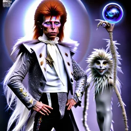 david bowie, one male model, white owl fancy clothes, Jim Henson's The Labyrinth, Jareth the goblin king, crystal ball in hand, wearing spandex grey leggings with a crotch bulge