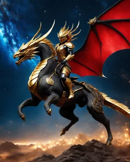 Full body photography of King Cyborg army, riding a flying dragon in the sky, using luxurious battle armor design, made of black and gold metal plates, metal crafts with radiant diamond luster, on the outer surface luxury decoration of very small diamond stones, red diamond stones, Milky Way galaxy background