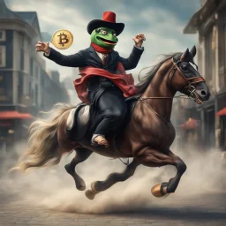 l /imagine photo-realistic Pepe riding a galloping stallion, holding an overflowing bag of bitcoins, being chased by a female hamburglar