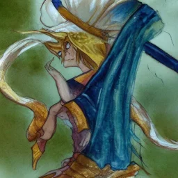 dungeons and dragons, elf, wizard, magician's robe, wizard hat, portrait, watercolour, large strokes