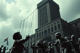 a cruelly oppressive government towers above, pulling the strings of puppets below, the news broadcasts the puppets' suffering everywhere, dystopian, dread, horror