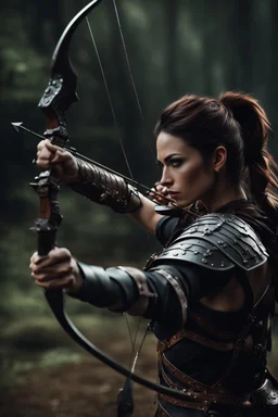 female warrior aiming a bow and arrow wearing leather half armour dark fantasy Realistic 4k