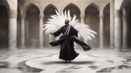 Hyper Realistic Black Clothed Sufi Whirling on marble floor with detailed Islamic Architecture Rustic Grungy Background outside white marble Islamic monument with white feathers