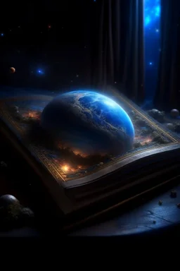 an epic book with glowing inside space, stars, galaxies, clouds, planets, sea, hyperdetalization glass, soft light, glitter, professional photo, beautiful,3d, realistic, 64k, hyperrealism, highly detailed digital painting, high resolution, high detail, mysticism, backlight, fantasy, atmosphere, painting, gothic art, realistic, noir, dark tones, color engraving, professional illustration