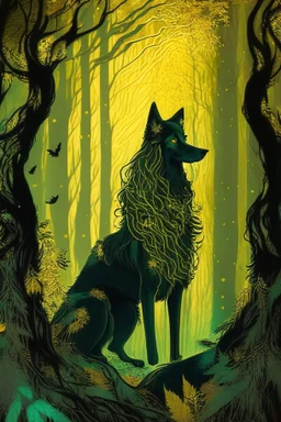 In the heart of a dense and enigmatic forest with towering ancient trees cloaked in emerald, yellow and amber foliage stood a witch possessing an ethereal allure her lustrous hair cascading in ebony waves down to her slender waist In the background a majestic canine of Belgian shepherd lineage roamed its eyes illuminated by an otherworldly crimson