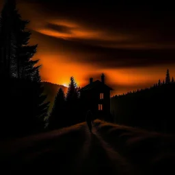 dark night, orange sunset colors in the sky, a lonely cabin in the distance on a mountain in the woods, a lonely dark silhouette walking down the road