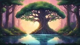 ROUND LOGO OF A PIXEL ART GAME Towering Celtic trees stand sentinel, their branches weaving a canopy of secrets above a tranquil fountain whose shimmering waters mirror the enchantment of its surroundings. Amidst this ethereal landscape, faeries gracefully pirouette, their luminescent wings trailing trails of magic through the air. Their dance, illuminated by the soft glow of the forest, beckons players to join them on a journey of wonder and adventure.