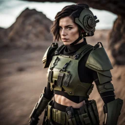 futuristic beautiful caucasian half cyborg female soldier, black metal body and limbs, scratched olive metal details, short brunette wavy bob haircut, dystopian, desert scene