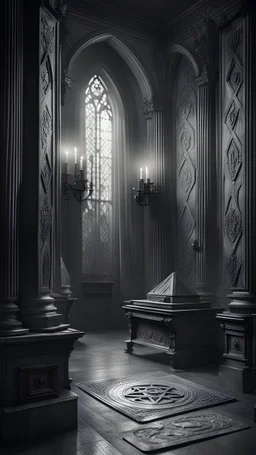 Ancient civilization. Secret society in cahoots in a gothic room in gray tones in a gloomy style
