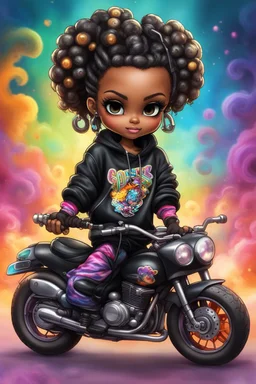 Create an digital airbrush illustration of a chibi cartoon black female wearing tie dye hoodie and black tights and biker boots. Sitting on a colorful sports motorcycle. Prominent make up with long lashes and hazel eyes. Highly detailed long twisted bantu knots. Background of a bike show and smoke around her.