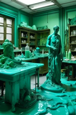 A bluish green laboratory covered in slime painted by Auguste Rodin