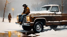 a cowboy sitting on the hood of a pickup truck that is stuck in the snow during a snowstorm :: by Robert McGinnis + Jeremy Mann + Carne Griffiths + Leonid Afremov, black canvas, clear outlining, detailed