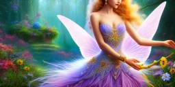 bright fairy, beautiful portrait, flowery landscape